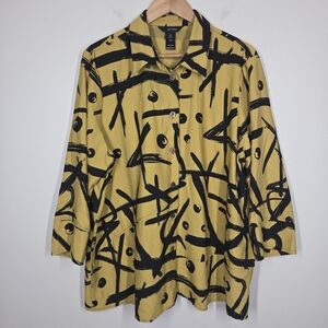 Ali Miles Mustard Yellow Gold Grafitti Brush Stroke Artsy Button Up Tunic Top 1X